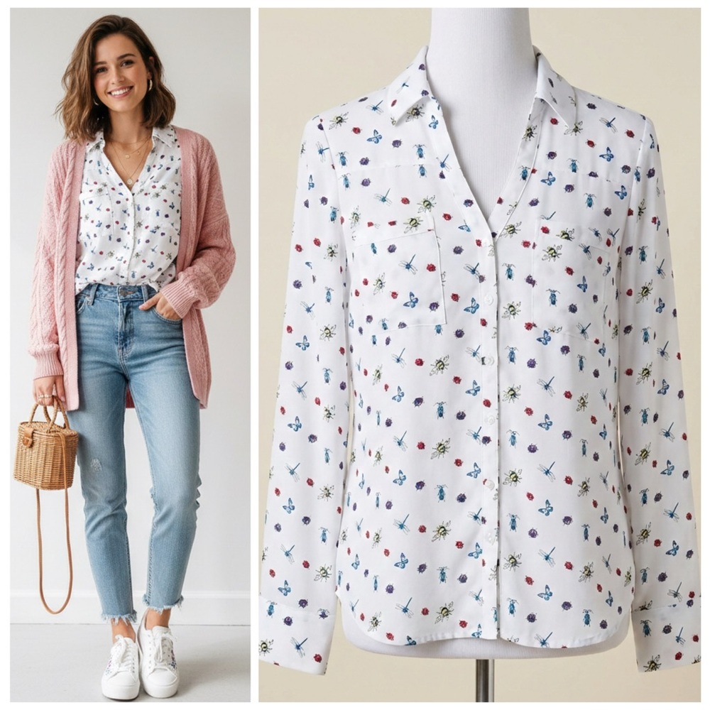 Express Portofino Whimsical Twee Insect Print Blouse White Colorful Print Size S - Picture 12 of 12